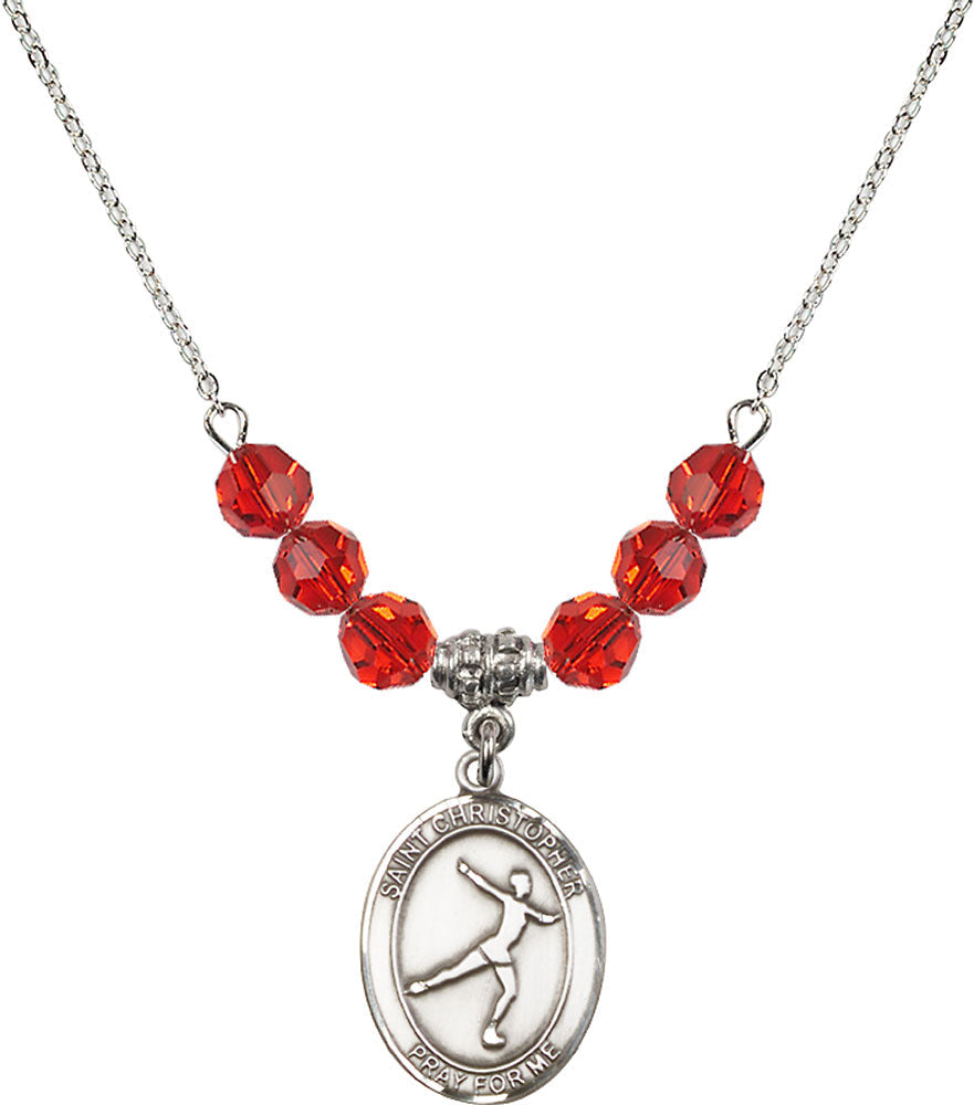 Sterling Silver Saint Christopher/Figure Skating Birthstone Necklace with Ruby Beads - 8139
