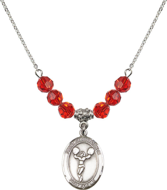 Sterling Silver Saint Christopher/Cheerleading Birthstone Necklace with Ruby Beads - 8140