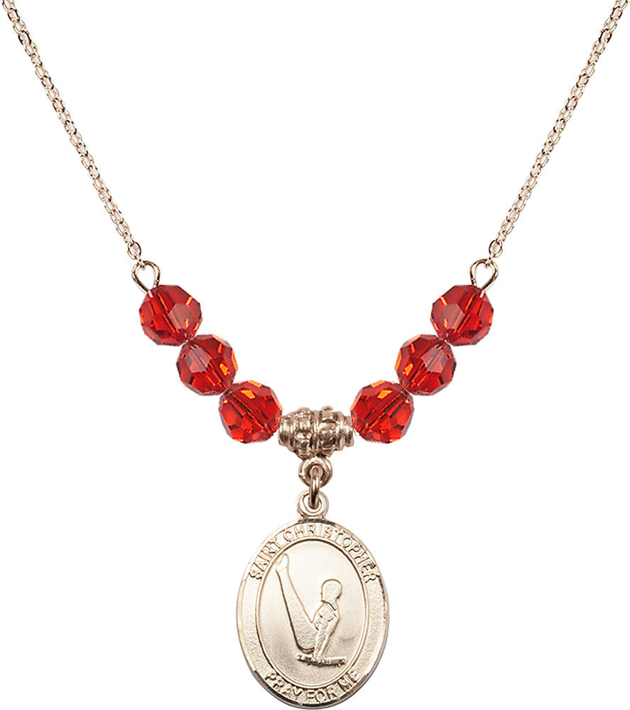 14kt Gold Filled Saint Christopher/Gymnastics Birthstone Necklace with Ruby Beads - 8142