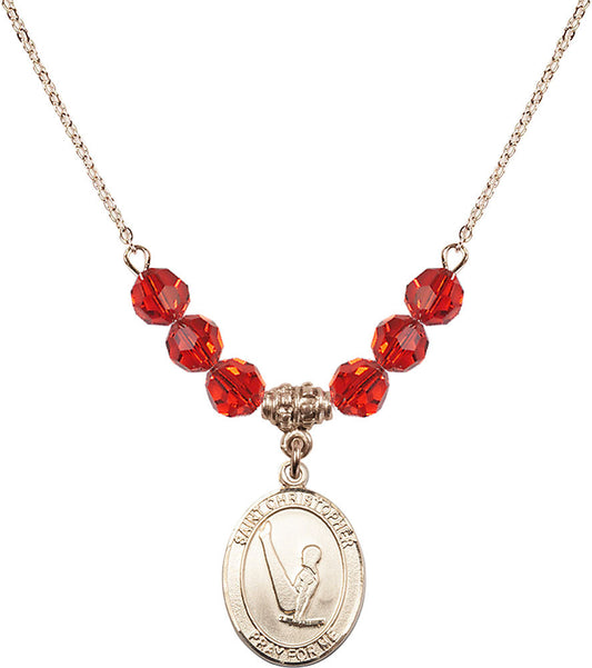 14kt Gold Filled Saint Christopher/Gymnastics Birthstone Necklace with Ruby Beads - 8142