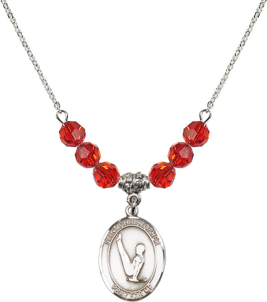 Sterling Silver Saint Christopher/Gymnastics Birthstone Necklace with Ruby Beads - 8142