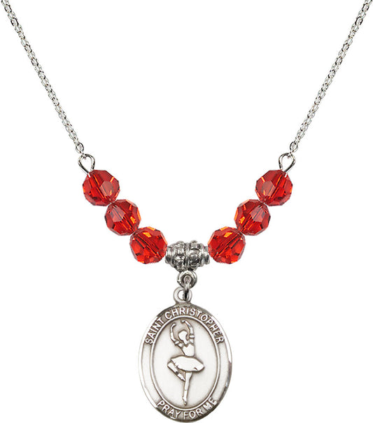Sterling Silver Saint Christopher/Dance Birthstone Necklace with Ruby Beads - 8143