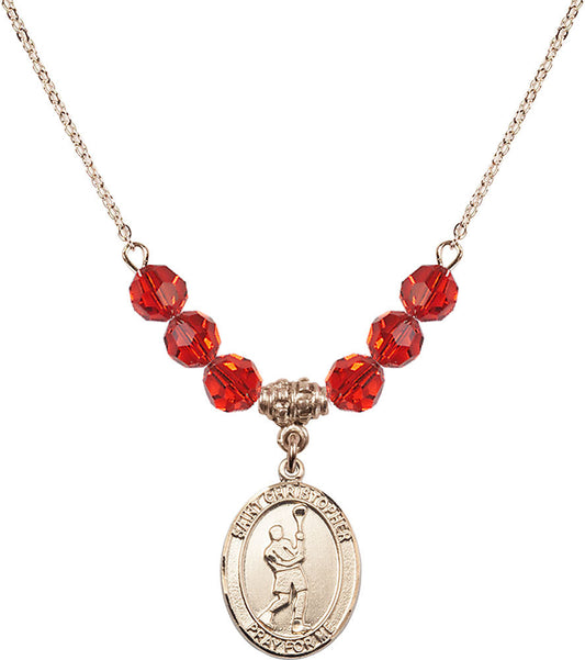 14kt Gold Filled Saint Christopher/Lacrosse Birthstone Necklace with Ruby Beads - 8144