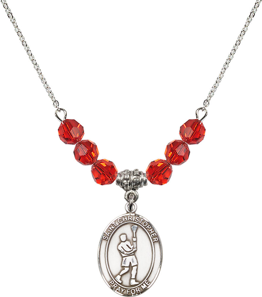 Sterling Silver Saint Christopher/Lacrosse Birthstone Necklace with Ruby Beads - 8144