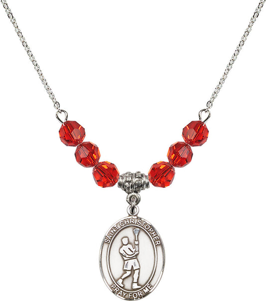 Sterling Silver Saint Christopher/Lacrosse Birthstone Necklace with Ruby Beads - 8144