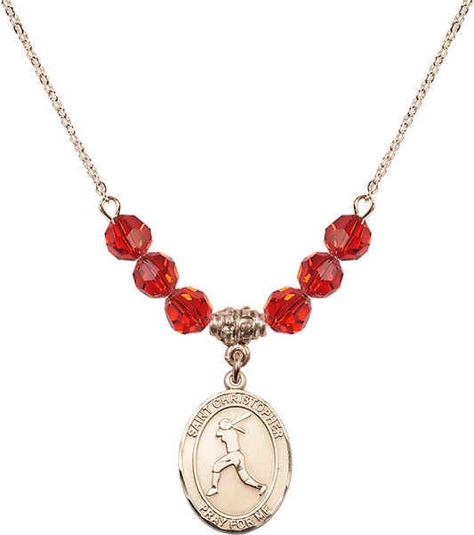 14kt Gold Filled Saint Christopher/Softball Birthstone Necklace with Ruby Beads - 8145