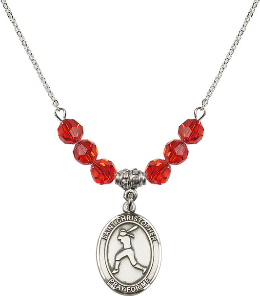 Sterling Silver Saint Christopher/Softball Birthstone Necklace with Ruby Beads - 8145