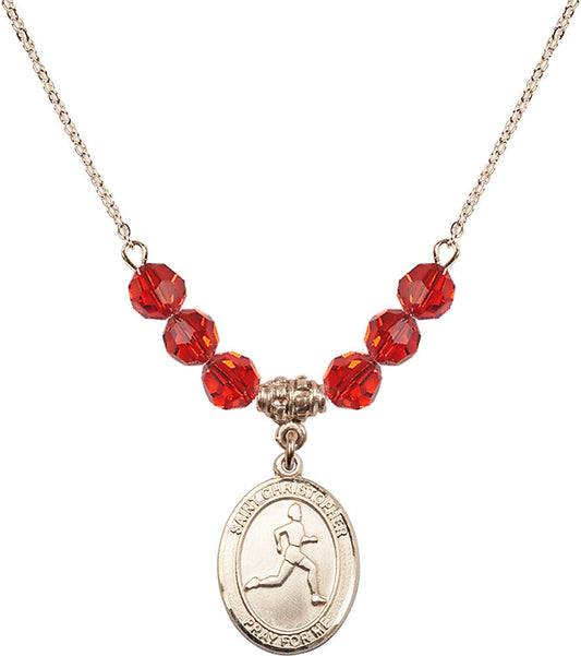 14kt Gold Filled Saint Christopher/Track & Field Birthstone Necklace with Ruby Beads - 8149