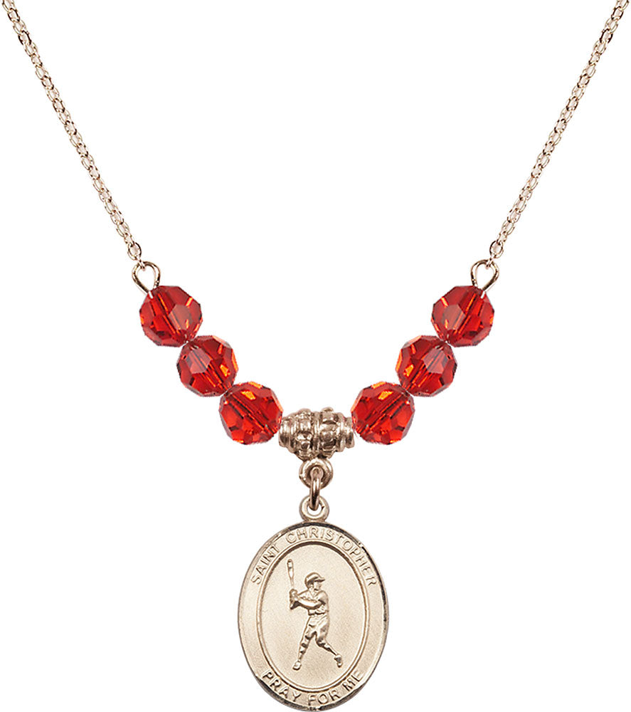 14kt Gold Filled Saint Christopher/Baseball Birthstone Necklace with Ruby Beads - 8150
