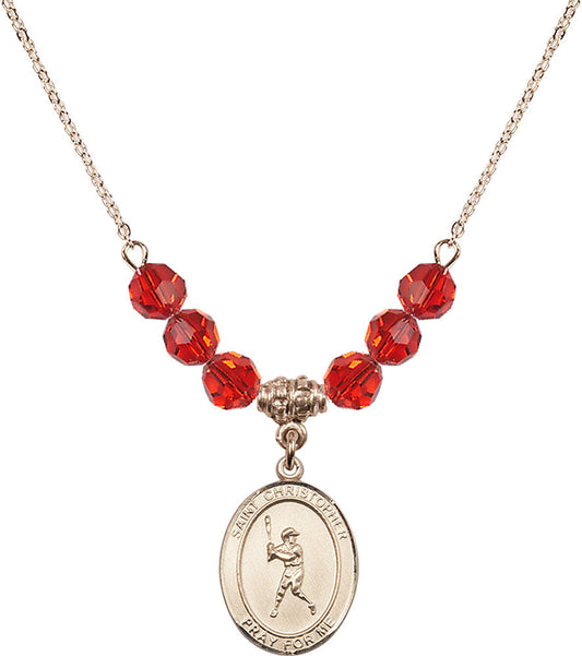 14kt Gold Filled Saint Christopher/Baseball Birthstone Necklace with Ruby Beads - 8150