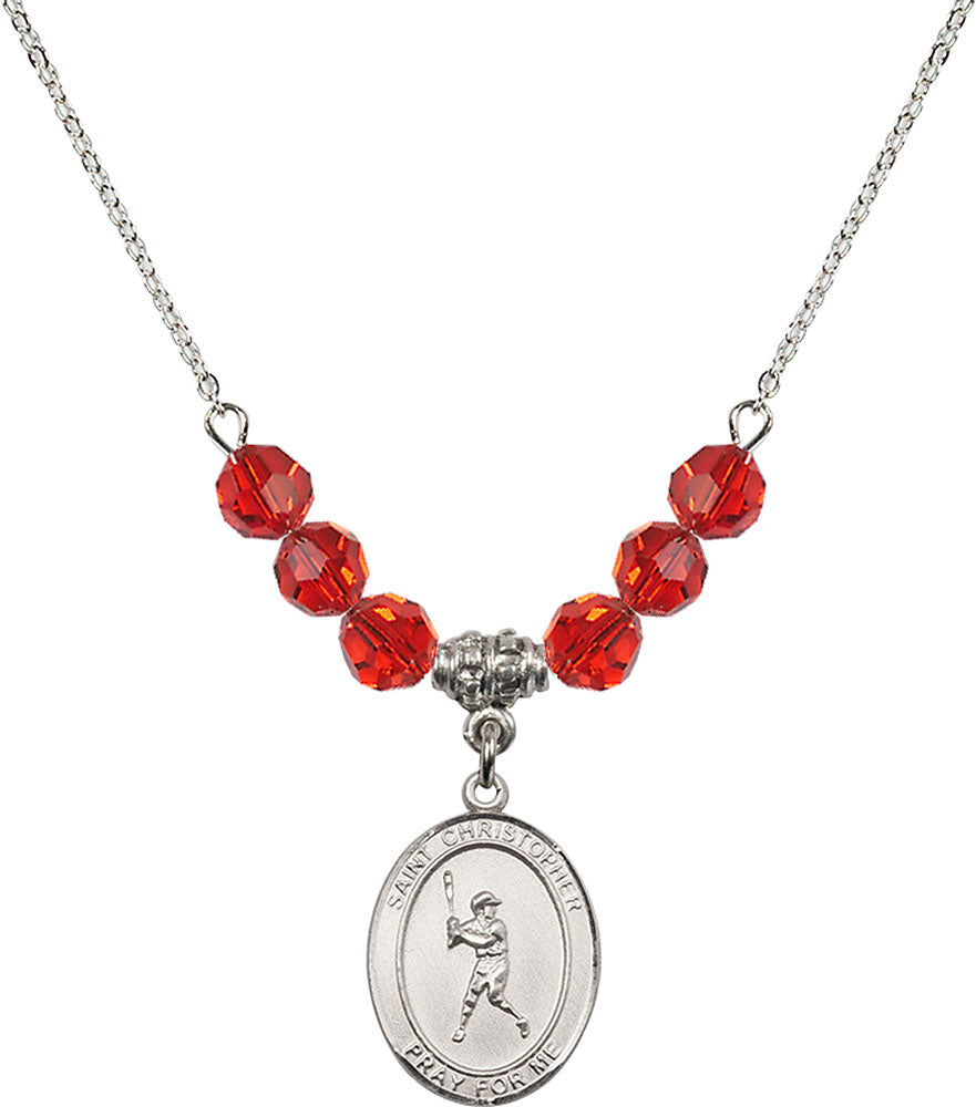 Sterling Silver Saint Christopher/Baseball Birthstone Necklace with Ruby Beads - 8150