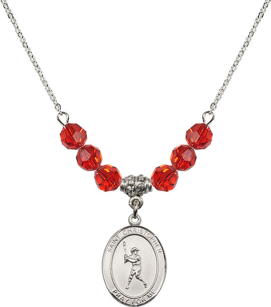 Sterling Silver Saint Christopher/Baseball Birthstone Necklace with Ruby Beads - 8150