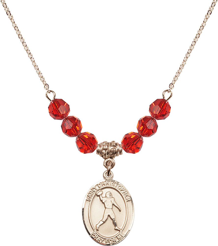 14kt Gold Filled Saint Christopher/Football Birthstone Necklace with Ruby Beads - 8151