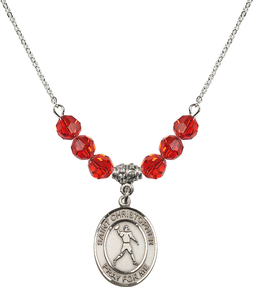 Sterling Silver Saint Christopher/Football Birthstone Necklace with Ruby Beads - 8151