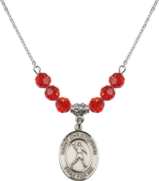 Sterling Silver Saint Christopher/Football Birthstone Necklace with Ruby Beads - 8151