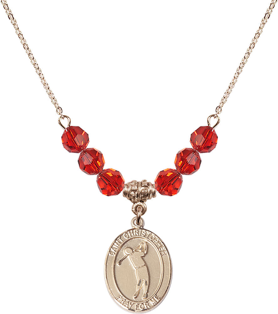 14kt Gold Filled Saint Christopher/Golf Birthstone Necklace with Ruby Beads - 8152