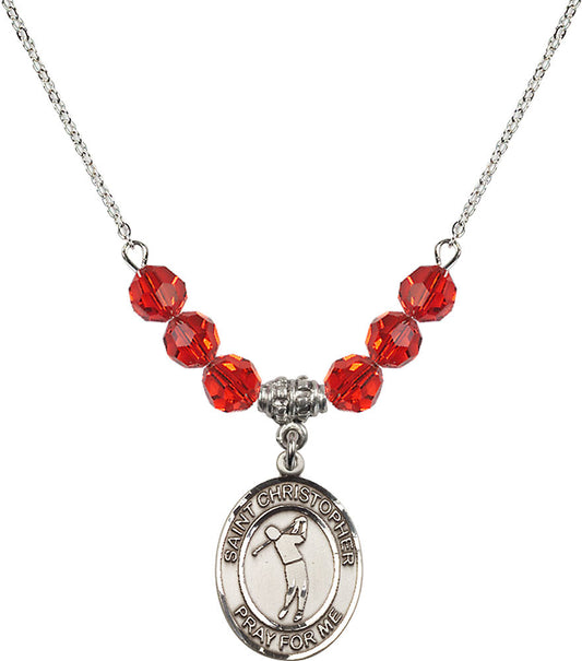 Sterling Silver Saint Christopher/Golf Birthstone Necklace with Ruby Beads - 8152