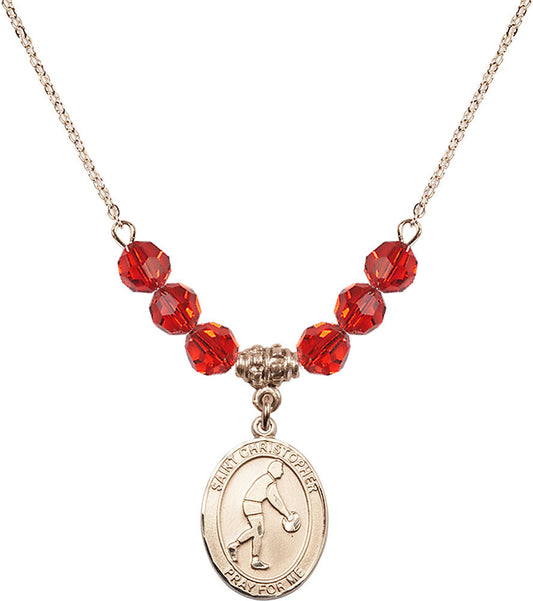 14kt Gold Filled Saint Christopher/Basketball Birthstone Necklace with Ruby Beads - 8153