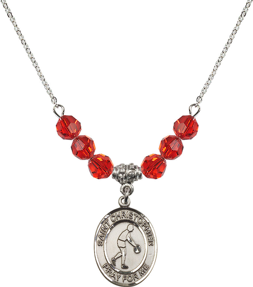 Sterling Silver Saint Christopher/Basketball Birthstone Necklace with Ruby Beads - 8153