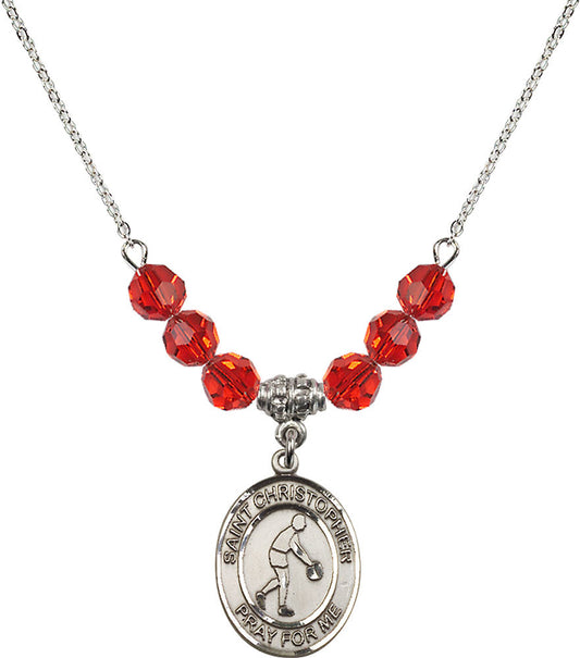 Sterling Silver Saint Christopher/Basketball Birthstone Necklace with Ruby Beads - 8153