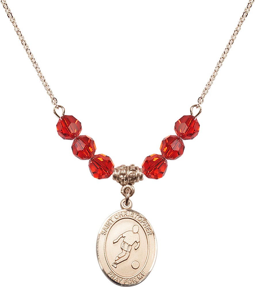 14kt Gold Filled Saint Christopher/Soccer Birthstone Necklace with Ruby Beads - 8154