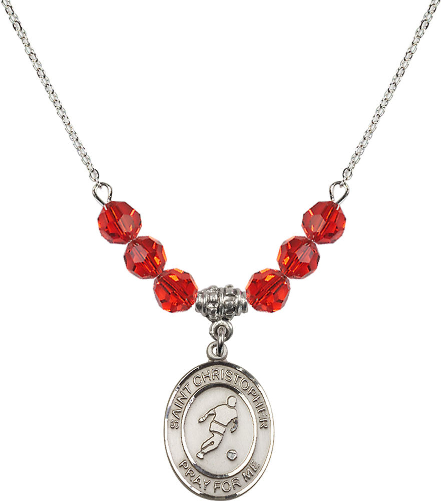 Sterling Silver Saint Christopher/Soccer Birthstone Necklace with Ruby Beads - 8154