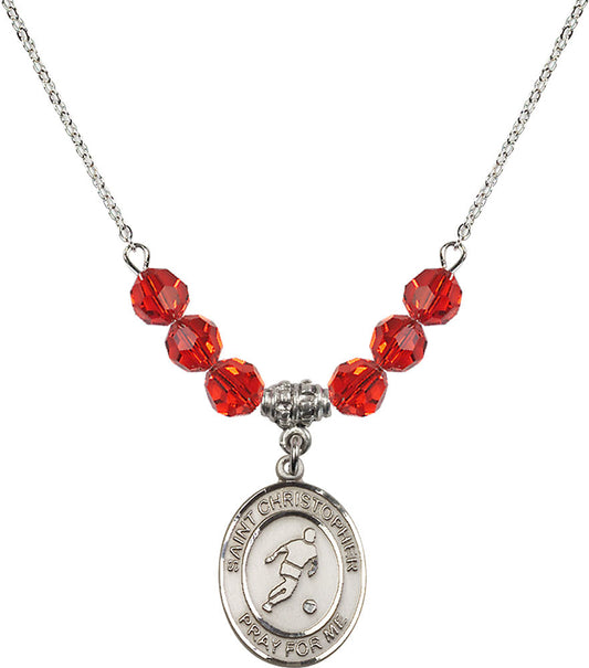 Sterling Silver Saint Christopher/Soccer Birthstone Necklace with Ruby Beads - 8154