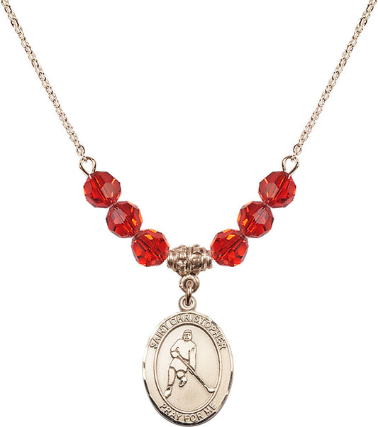 14kt Gold Filled Saint Christopher/Ice Hockey Birthstone Necklace with Ruby Beads - 8155