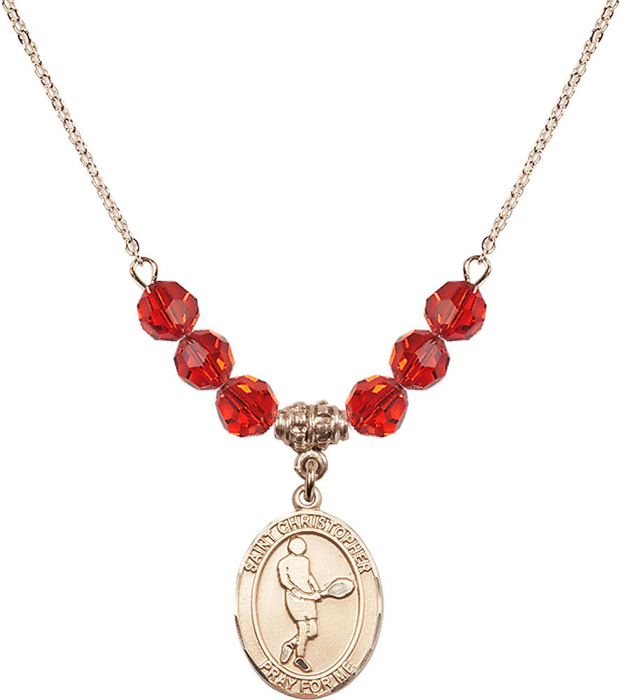 14kt Gold Filled Saint Christopher/Tennis Birthstone Necklace with Ruby Beads - 8156
