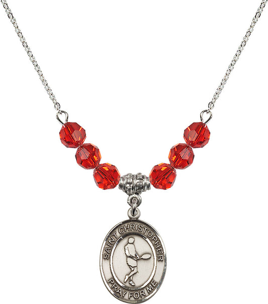 Sterling Silver Saint Christopher/Tennis Birthstone Necklace with Ruby Beads - 8156