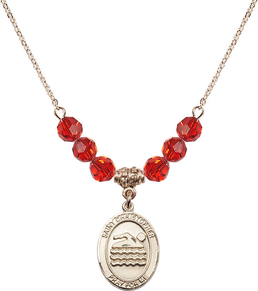 14kt Gold Filled Saint Christopher/Swimming Birthstone Necklace with Ruby Beads - 8157