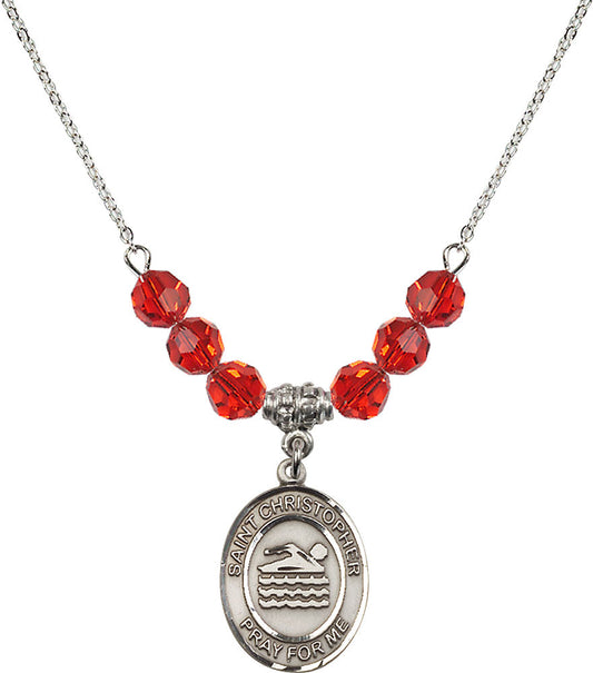 Sterling Silver Saint Christopher/Swimming Birthstone Necklace with Ruby Beads - 8157
