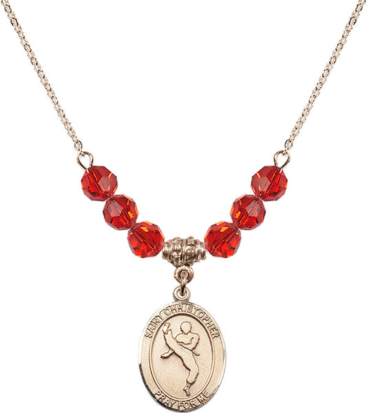 14kt Gold Filled Saint Christopher/Martial Arts Birthstone Necklace with Ruby Beads - 8158