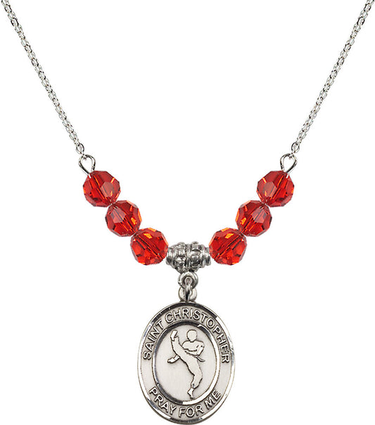 Sterling Silver Saint Christopher/Martial Arts Birthstone Necklace with Ruby Beads - 8158