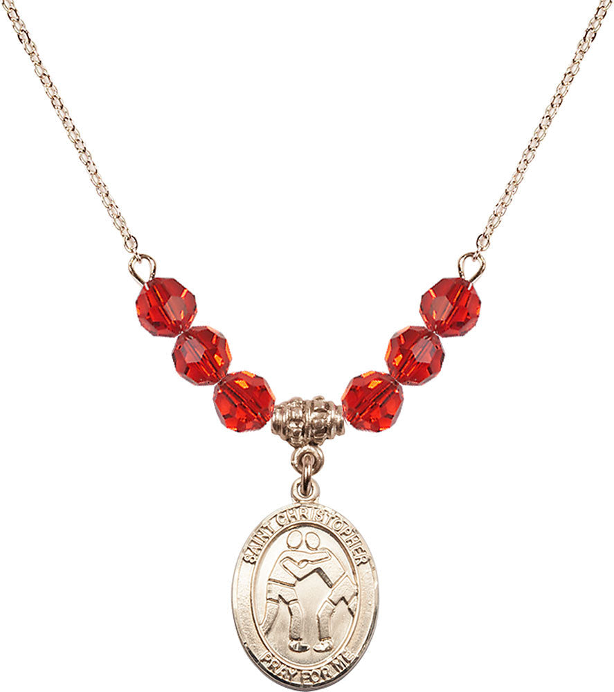 14kt Gold Filled Saint Christopher/Wrestling Birthstone Necklace with Ruby Beads - 8159