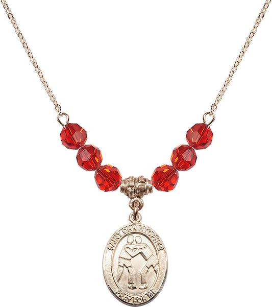 14kt Gold Filled Saint Christopher/Wrestling Birthstone Necklace with Ruby Beads - 8159