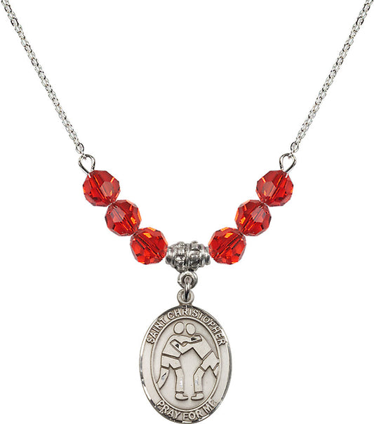 Sterling Silver Saint Christopher/Wrestling Birthstone Necklace with Ruby Beads - 8159