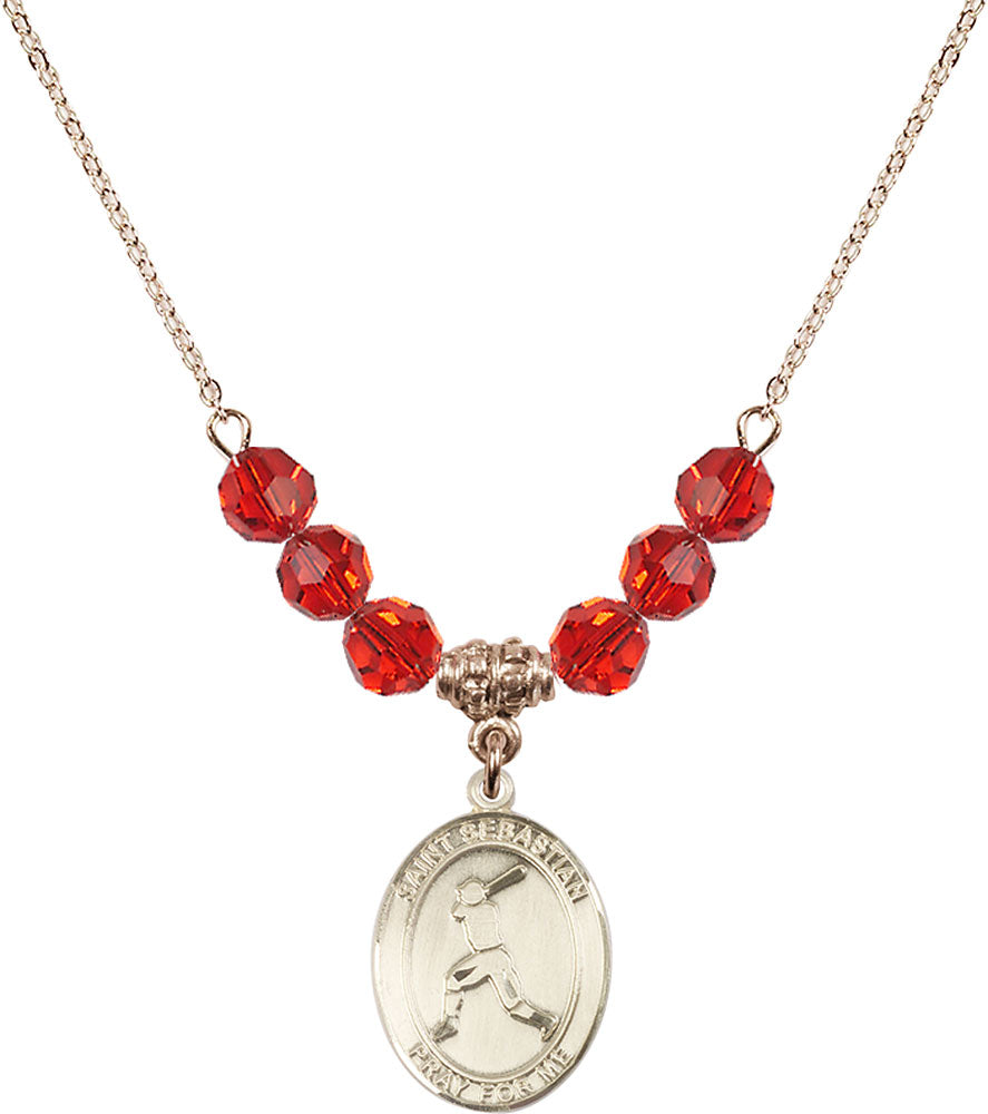 14kt Gold Filled Saint Sebastian/Baseball Birthstone Necklace with Ruby Beads - 8160