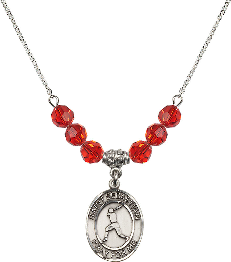 Sterling Silver Saint Sebastian/Baseball Birthstone Necklace with Ruby Beads - 8160