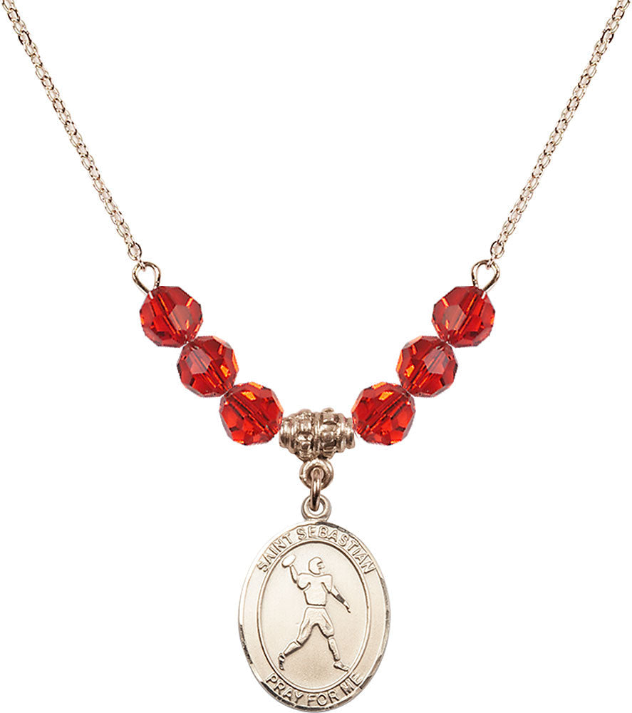 14kt Gold Filled Saint Sebastian/Football Birthstone Necklace with Ruby Beads - 8161