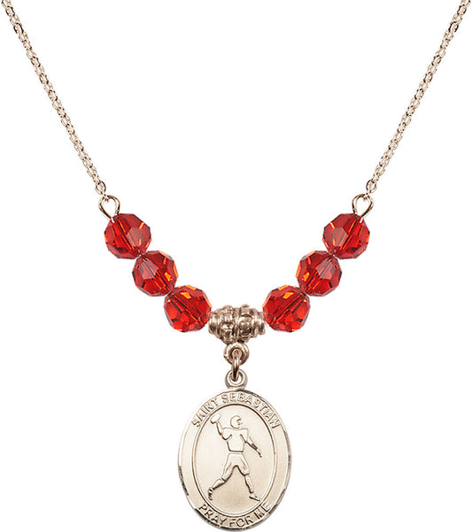 14kt Gold Filled Saint Sebastian/Football Birthstone Necklace with Ruby Beads - 8161