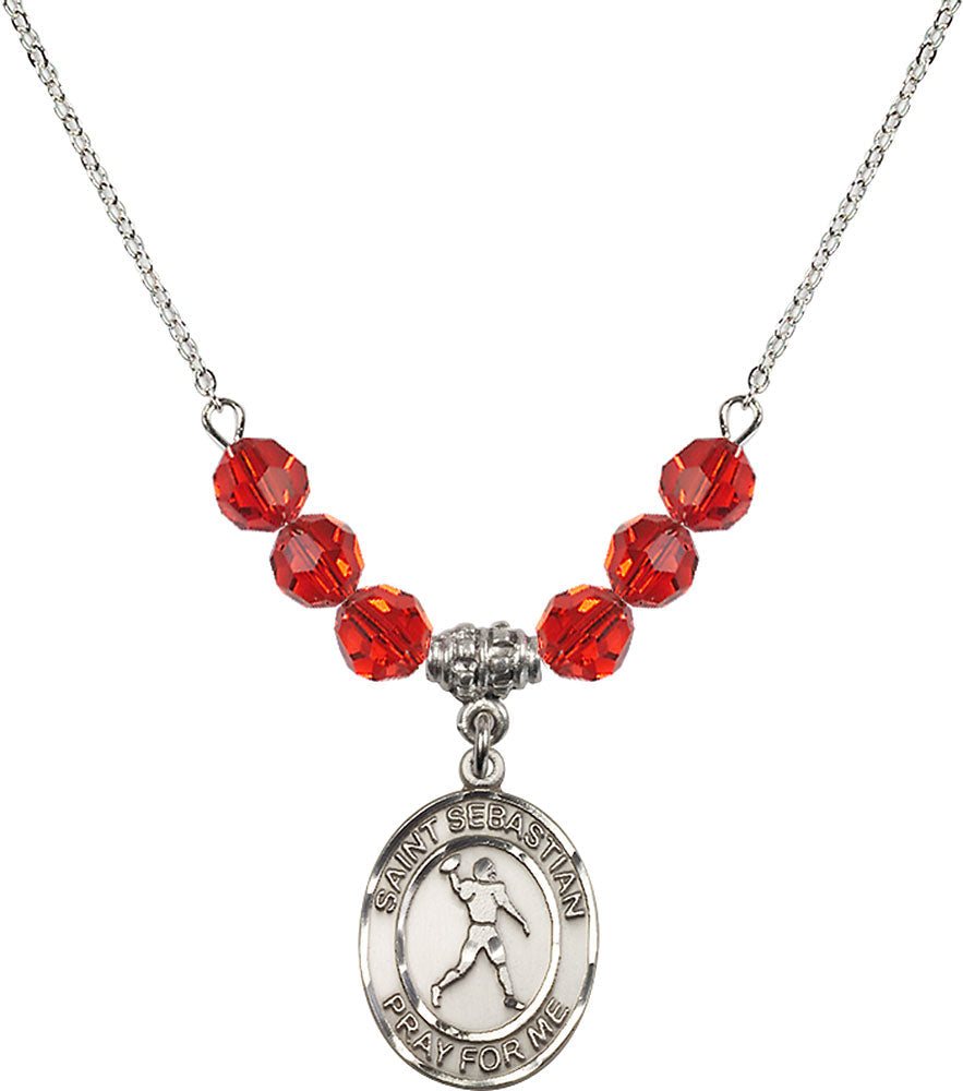 Sterling Silver Saint Sebastian/Football Birthstone Necklace with Ruby Beads - 8161