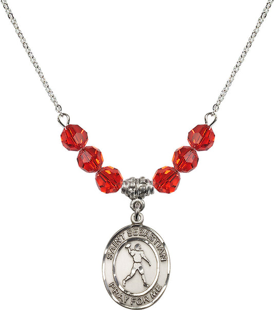 Sterling Silver Saint Sebastian/Football Birthstone Necklace with Ruby Beads - 8161