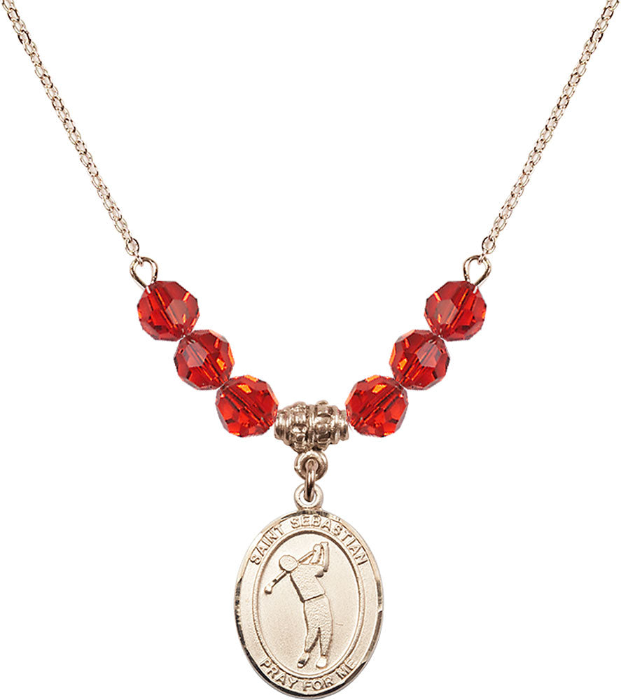 14kt Gold Filled Saint Sebastian/Golf Birthstone Necklace with Ruby Beads - 8162