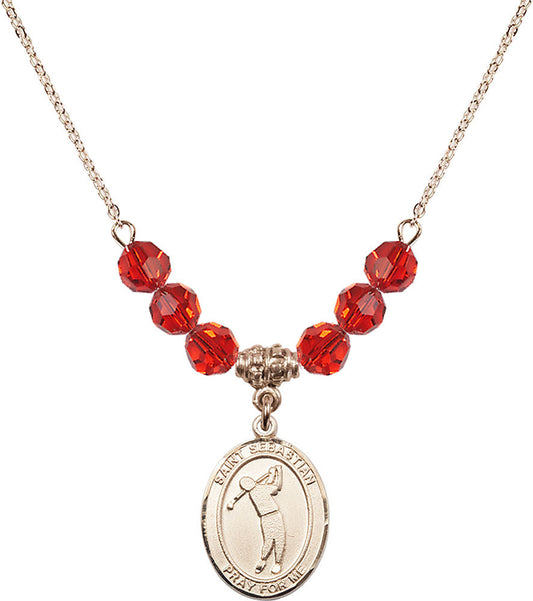 14kt Gold Filled Saint Sebastian/Golf Birthstone Necklace with Ruby Beads - 8162