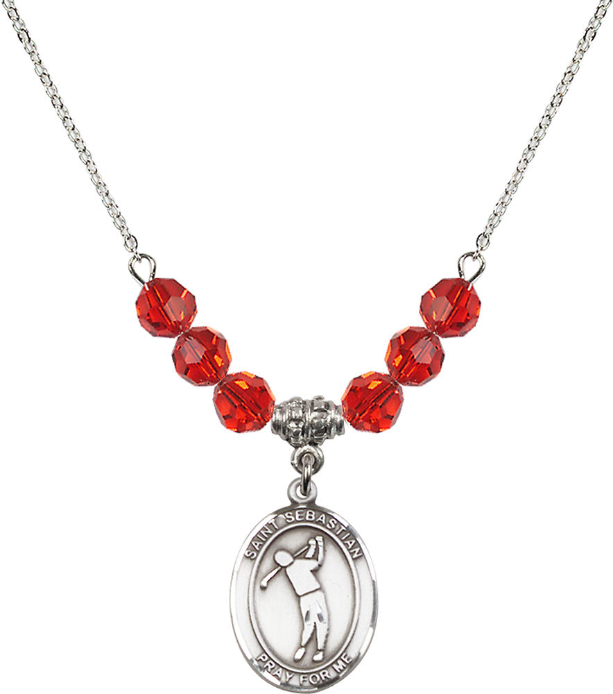 Sterling Silver Saint Sebastian/Golf Birthstone Necklace with Ruby Beads - 8162