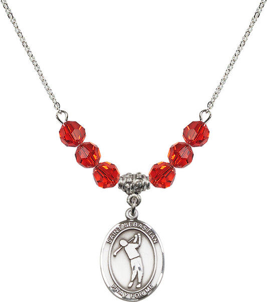 Sterling Silver Saint Sebastian/Golf Birthstone Necklace with Ruby Beads - 8162