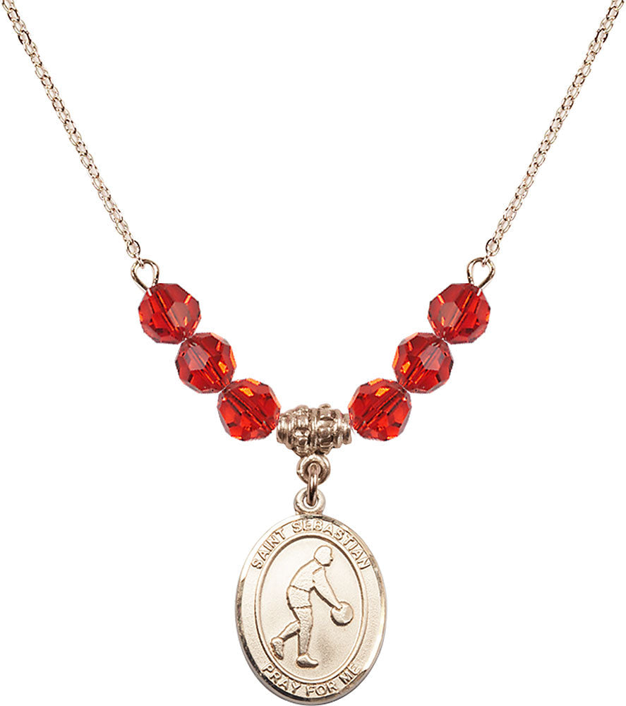 14kt Gold Filled Saint Sebastian/Basketball Birthstone Necklace with Ruby Beads - 8163