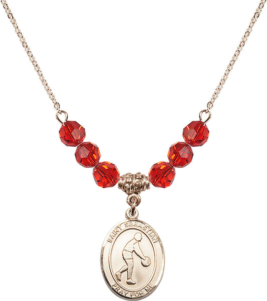 14kt Gold Filled Saint Sebastian/Basketball Birthstone Necklace with Ruby Beads - 8163