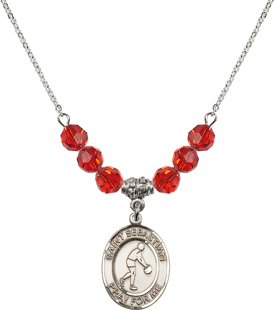 Sterling Silver Saint Sebastian/Basketball Birthstone Necklace with Ruby Beads - 8163